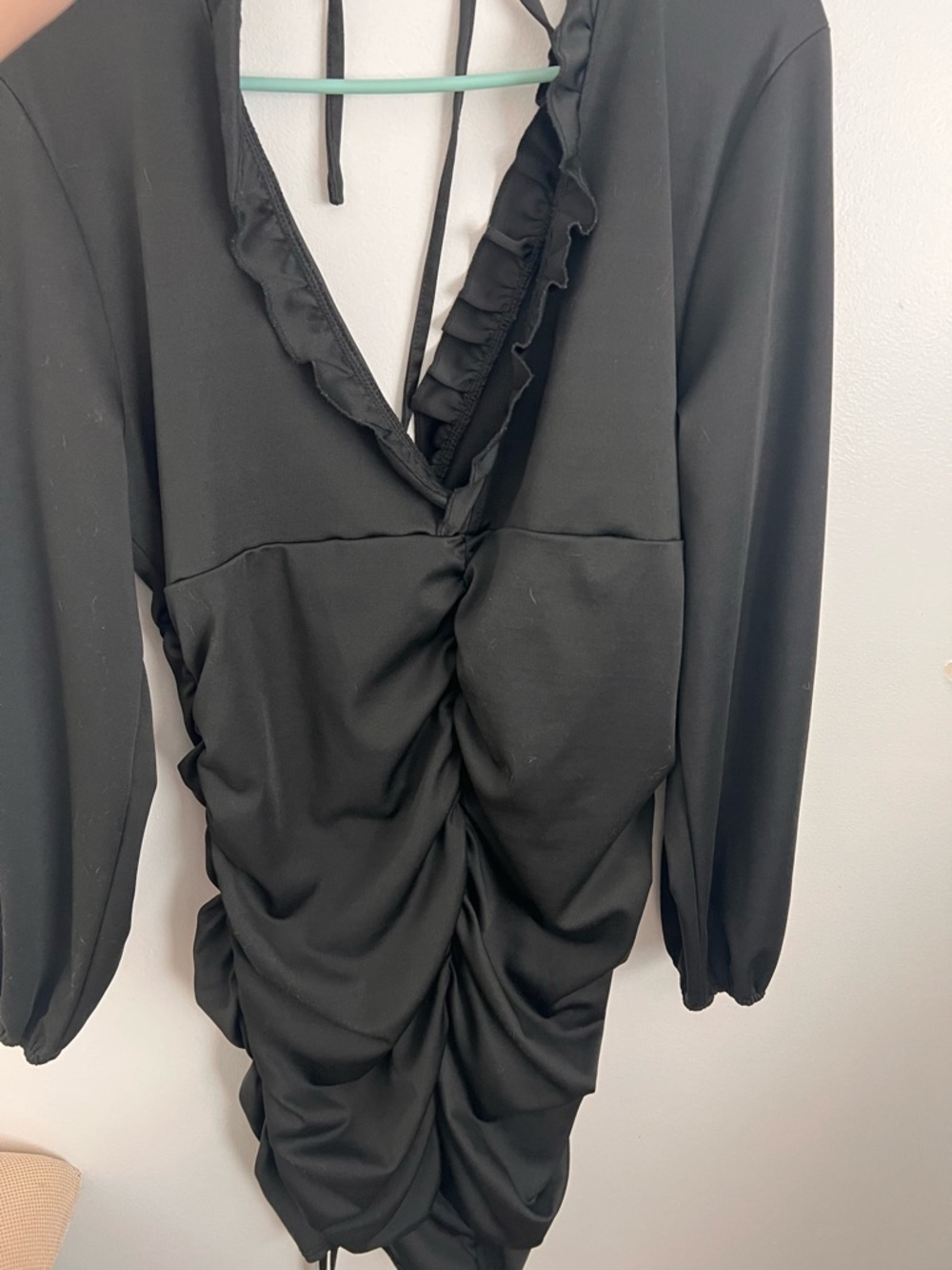 SHEIN Black Ruffle V-Neck Ruched Long Sleeve Dress